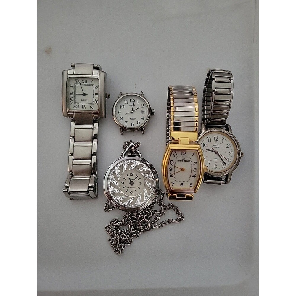 Lot Of 5 Vtg Wrist Watches Necklace Unisex Anne Klein SKC Timex Lucerne Parts